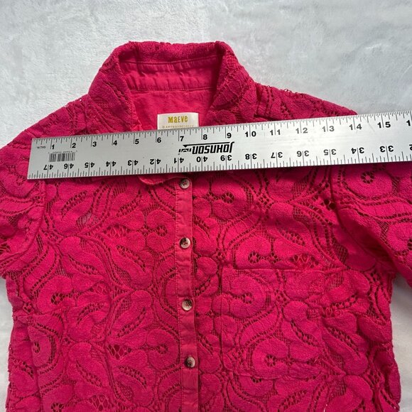 Anthropologie Maeve Womens Button Down Lace Shirt Size 2P Pink Roll-Tab Sleeve - Picture 6 of 8